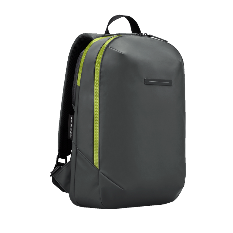 Gion Rucksack Graphite Neon Green Seitenansicht - Wasserabweisend Vegan Ergonomisch - Horizn Studios