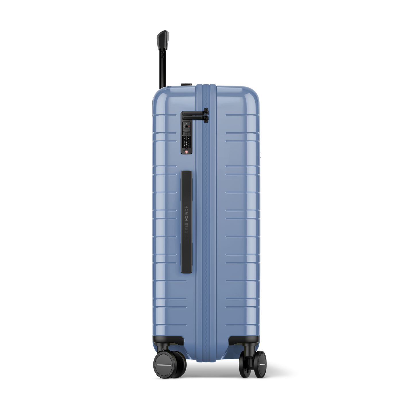 Koffer Essential Glossy Blau Vega Seitenansicht - Hartschale Polycarbonat Leicht Robust - Horizn Studios
