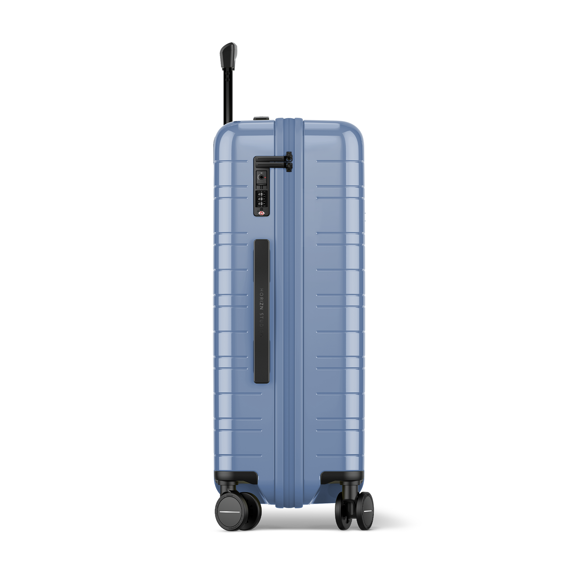Koffer Essential Glossy Blau Vega Seitenansicht - Hartschale Polycarbonat Leicht Robust - Horizn Studios