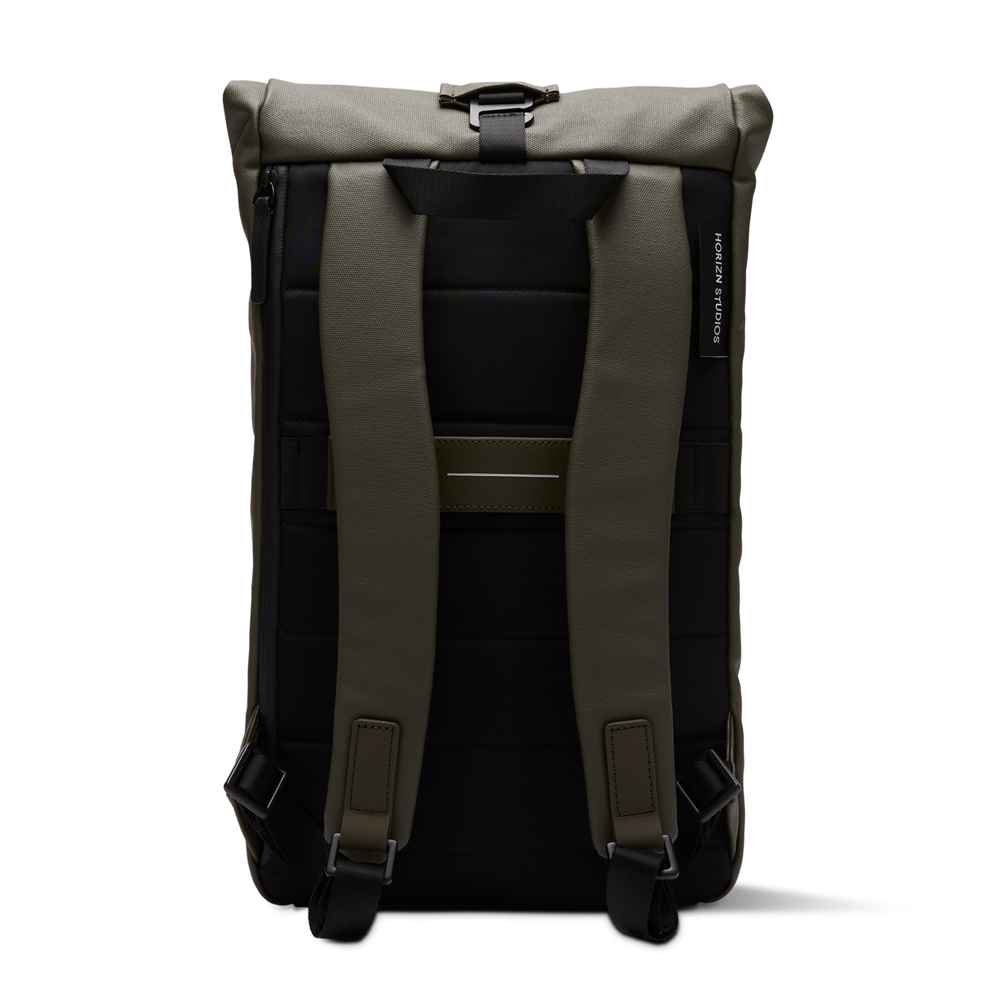 Sofo Rolltop Rucksack Darkolive Rückseite - Wasserabweisend Vegan Ergonomisch - Horizn Studios