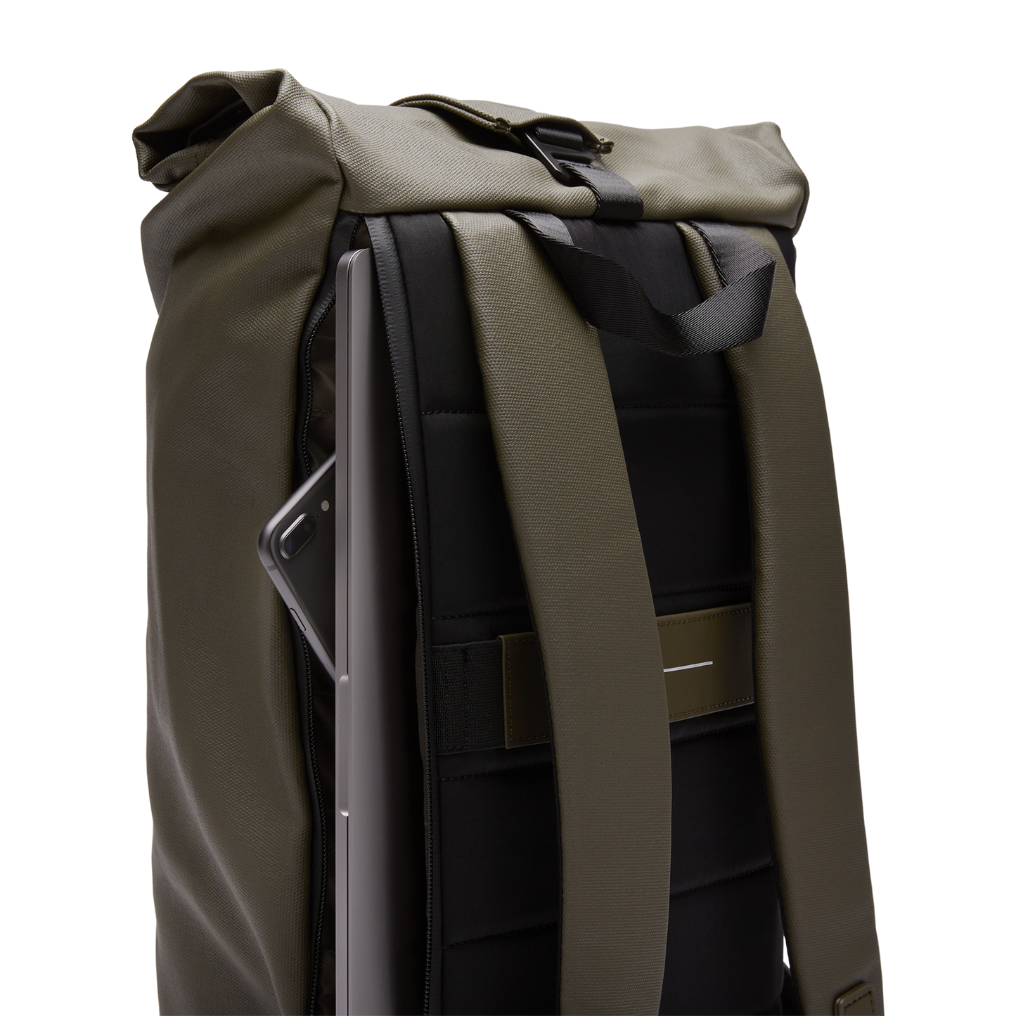 Sofo Rolltop Rucksack Darkolive Detail Laptop - Wasserabweisend Vegan Ergonomisch - Horizn Studios