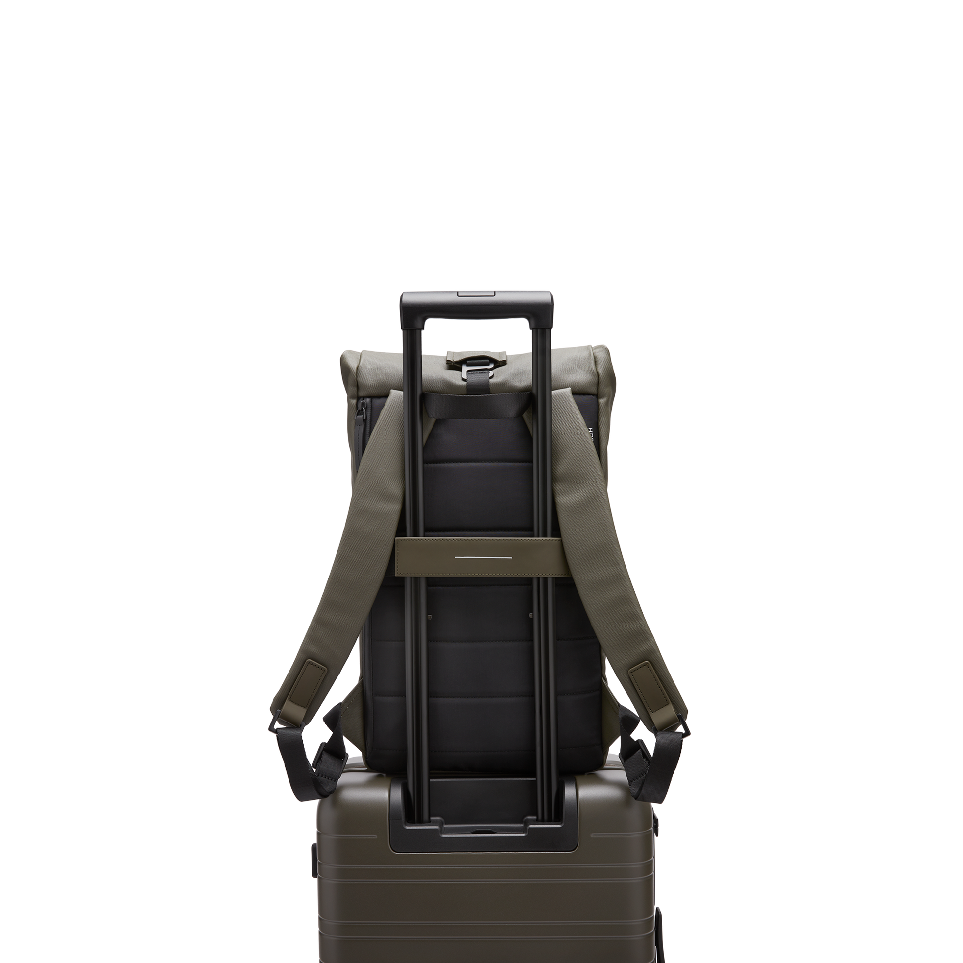 Sofo Rolltop Rucksack Darkolive Trolley Rückseite - Wasserabweisend Vegan Ergonomisch - Horizn Studios